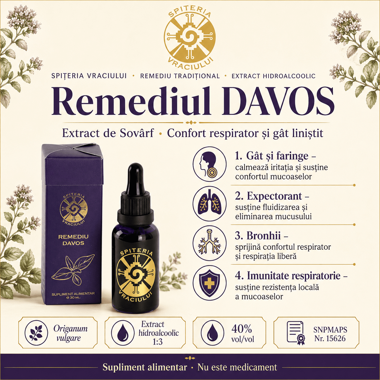 Remediu Natural Tuse și Dureri de Gât – DAVOS Antiinflamator | 30ml