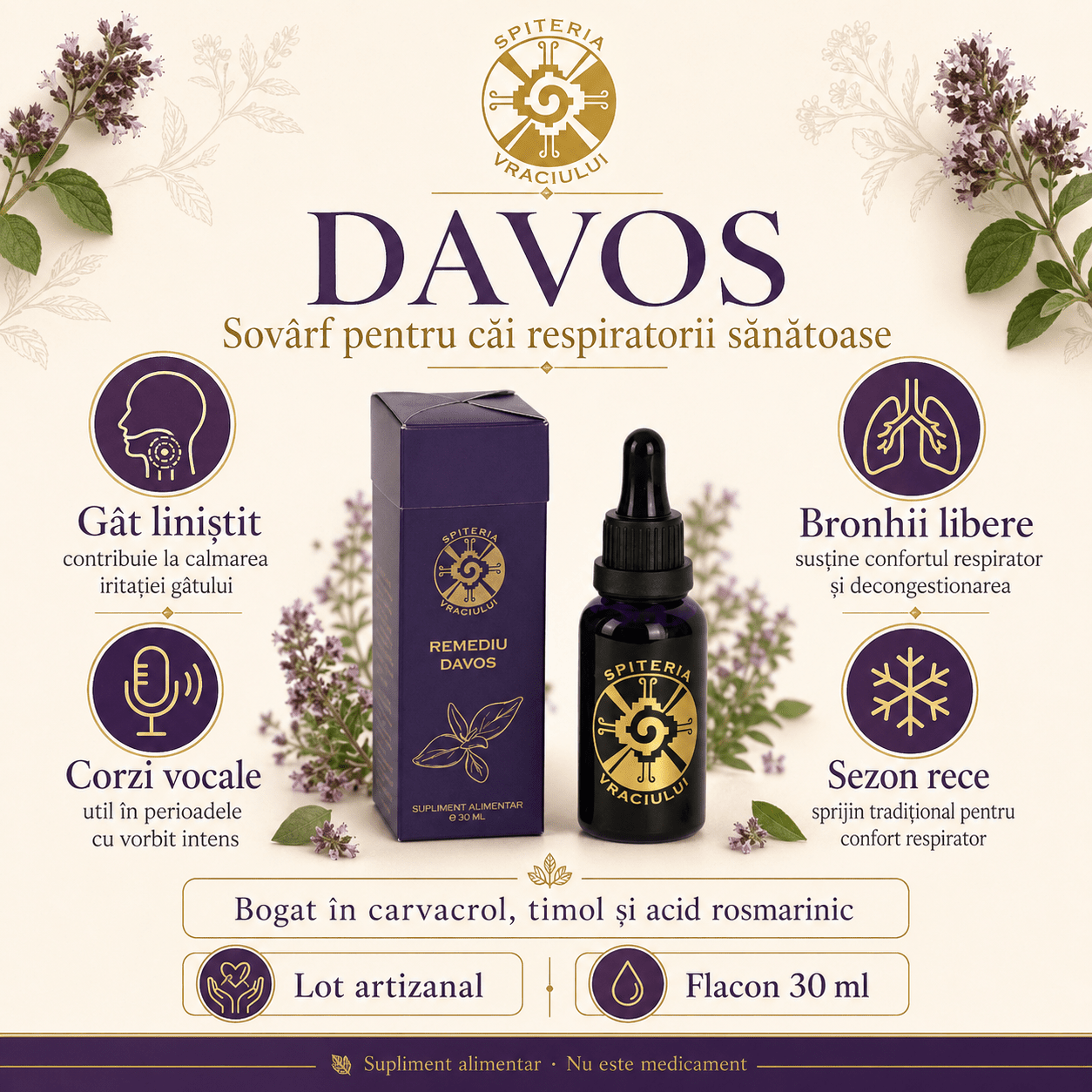 Remediu Natural Tuse și Dureri de Gât – DAVOS Antiinflamator | 30ml
